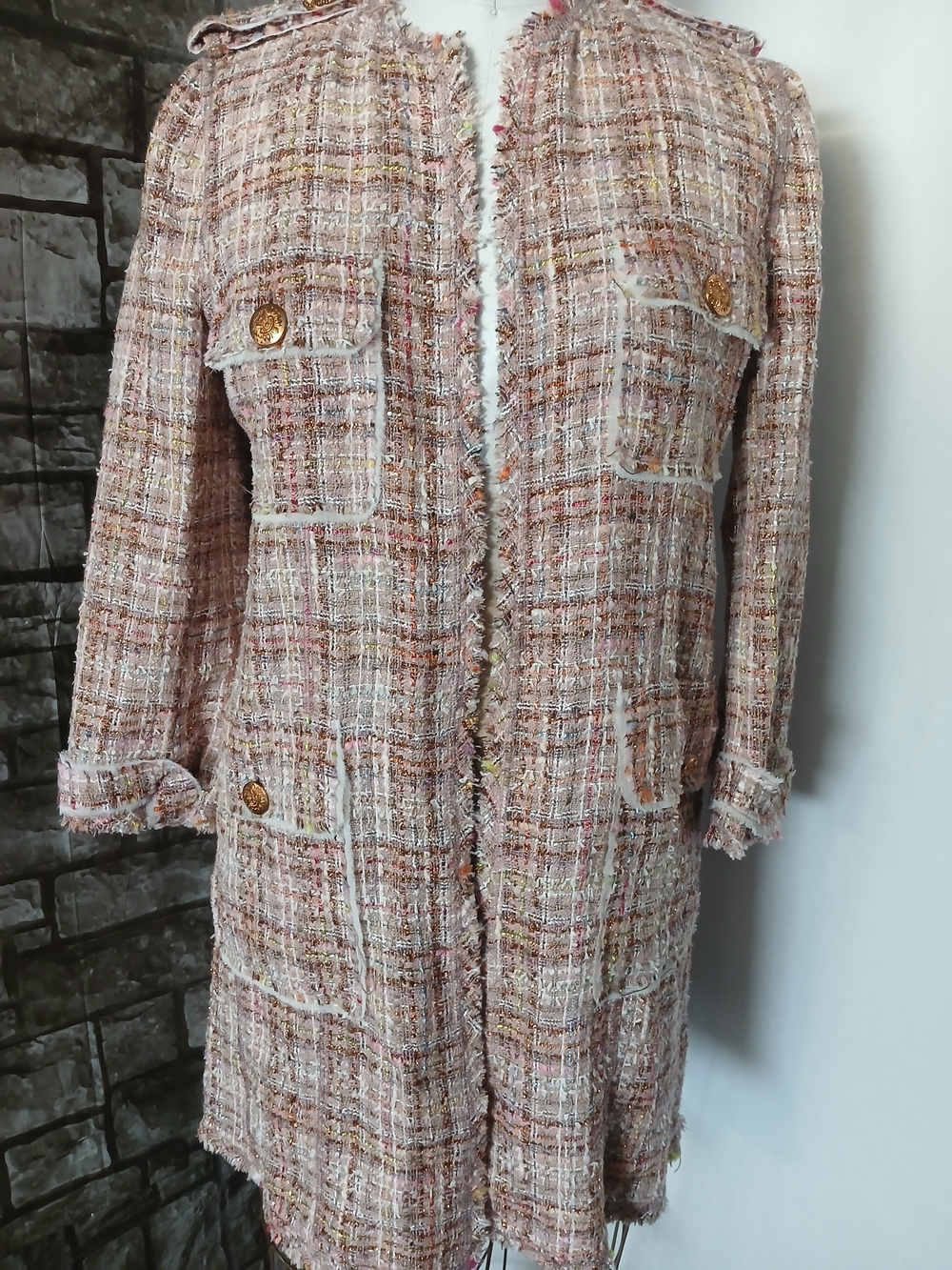 Zara Pink Multi-Tone Tweed Long Blazer with Gold Buttons US Size Medium